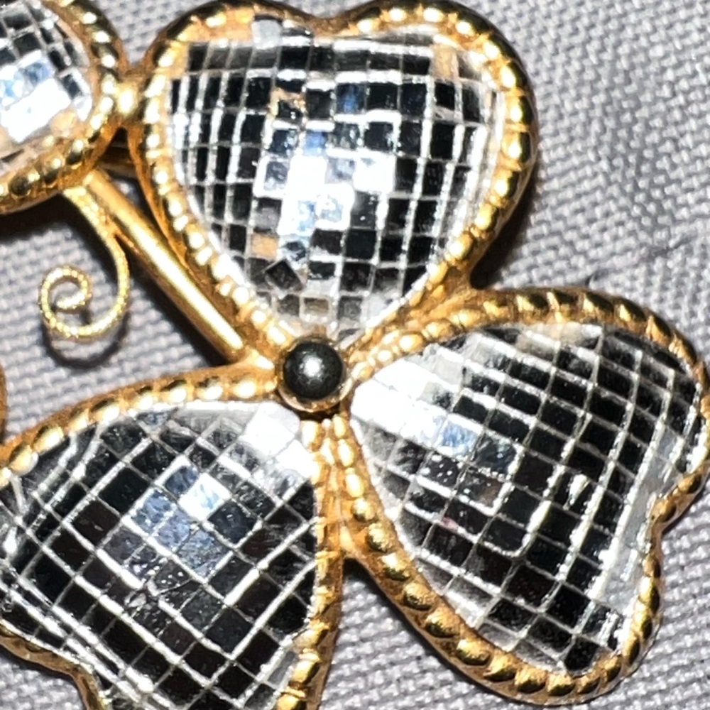 Meishu-sama Asahi Diamond Clover heart brooch Mirror Inlay Rare Hard To Find